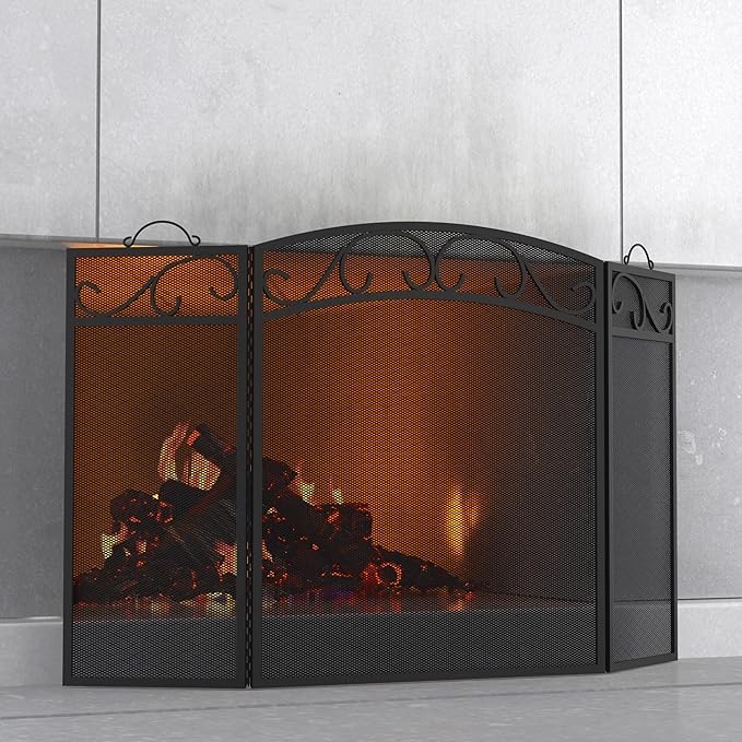Fire Beauty Fireplace Screen 3 Panel with Handles Wrought Iron 51"(L) x31(H) Spark Guard Cover(Sanded Black)