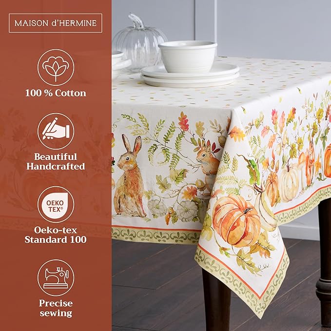 Maison d' Hermine Table Cloth Rectangle Table 100% Cotton 70 x 120 Inches Fall Tablecloth Reusable Everyday Use for Thanksgiving Christmas Decorations Dining Farmhouse Party (Pumpkin Passion)