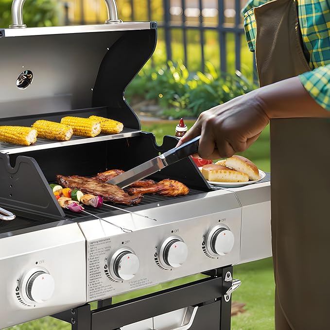 3 Burner Propane Gas Grill with Side Burner & Cover, Stainless Steel BBQ Grill, 40500 BTU Outdoor Gas Grill for Backyard, Patio, Camping & Outdoor Cooking