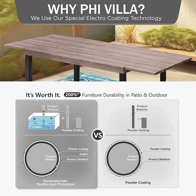 PHI VILLA Outdoor Metal Expandable Dining Table, Wood-Like Wrought Iron Extendable Table for 6-8 Person, Heavy-Duty Large Rectangular Table Furniture for Patio, Deck, Backyard, Porch
