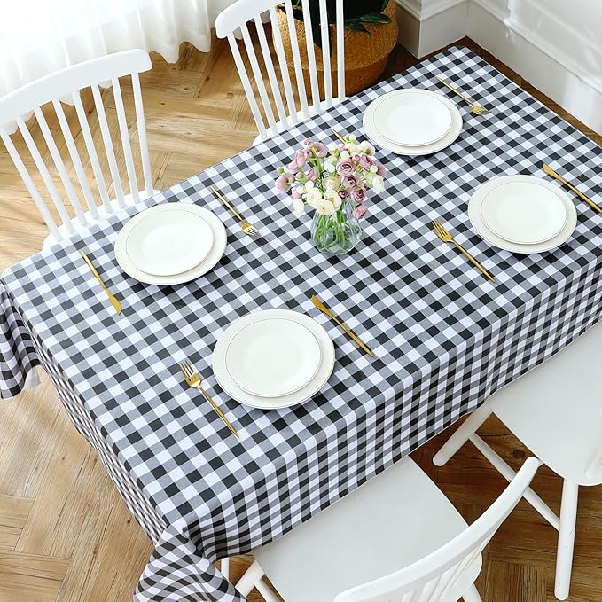 Romanstile Square Vinyl Tablecloth, 100% Waterproof Buffalo Gingham Plastic Table Cloth, Heavy Duty Wipeable Checkered Table Covers for Outdoor, Camping, Picnic, Patio - 54 x 54, Black and White