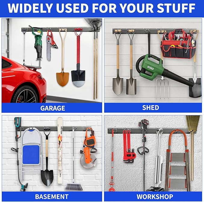 Garage Wall Organizer Wall Mount, 48inch Heavy Duty Garden Tool organizer Storage System, Easy Install With 6 Adjustable Hooks, For Garage, Basement, Shed, Workshop(Black)