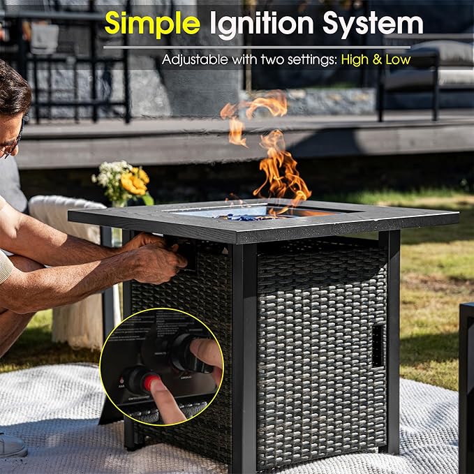 Sundale Outdoor 28 Inch Outdoor Fire Pit Table, 50000 BTU Propane Fire Pits with Rain Cover, Glass Stones and Lid, Wicker Gas Fire Pit for Outside Patio and Garden, CSA-Listed