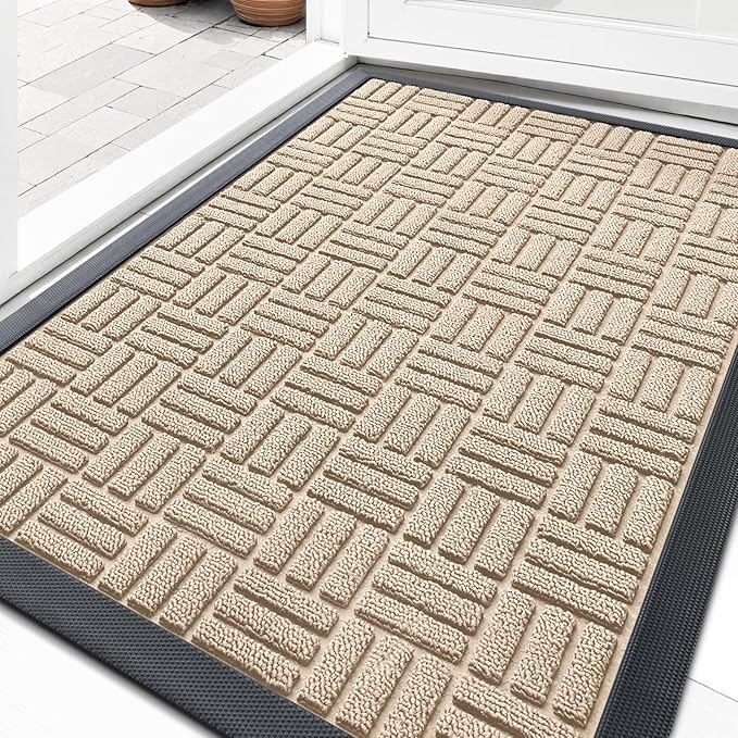 OLANLY Front Door Mat Outside Entrance 35x23, Absorbent, Heavy Duty Sturdy Natural Rubber Doormat Indoor Outdoor, Non-Slip, Stain and Fade Resistant, Low Profile Floor Mat for Entryway, Latte White