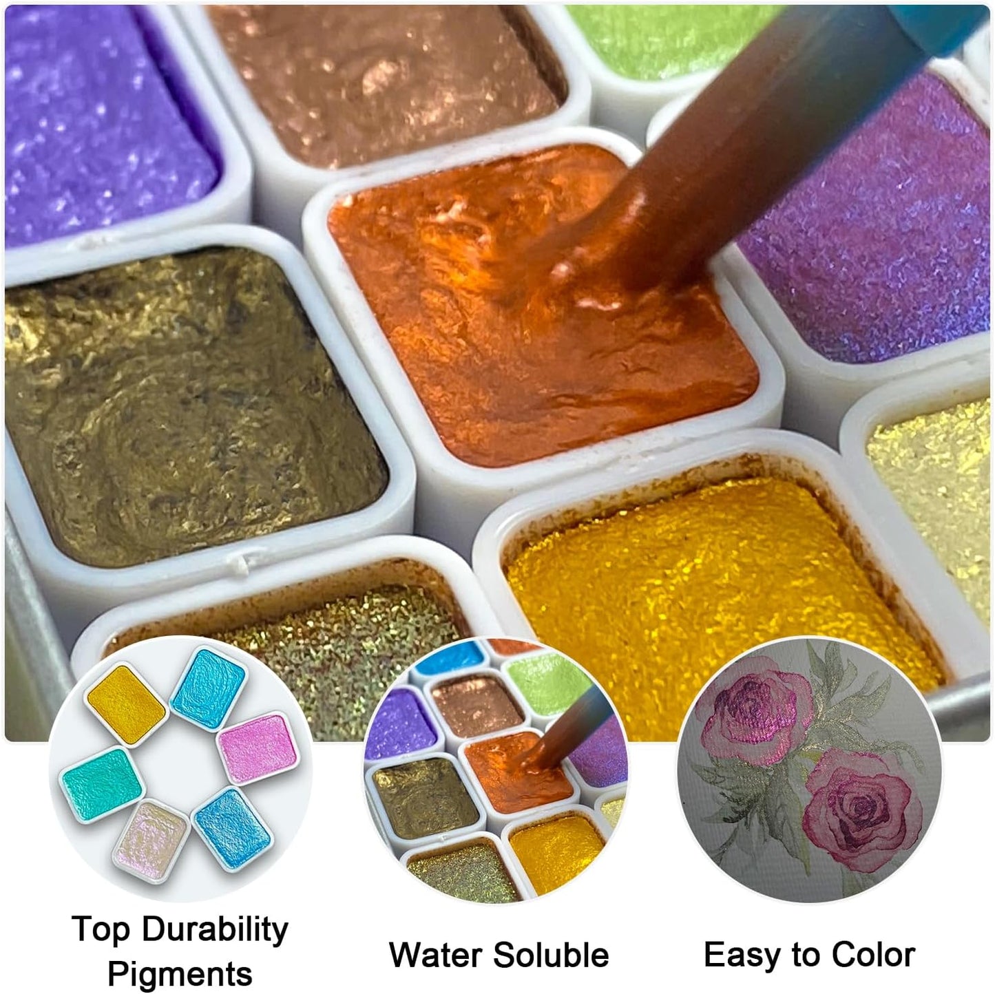 Glitter Watercolor Painting Kit,30 Color Shifting Watercolor Paint Set, Metallic Watercolor Paints, Solid Water Colors Paint Adult Set, Detail Paint Brush Included, for Artists