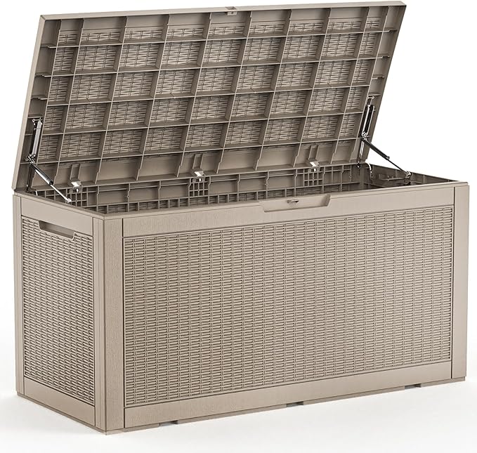120 Gallon Deck Box,Resin Outdoor Storage Box with Lockable for Patio Furniture, Pool Accessories, Garden Tools Waterproof Outside Storage Box, Grey