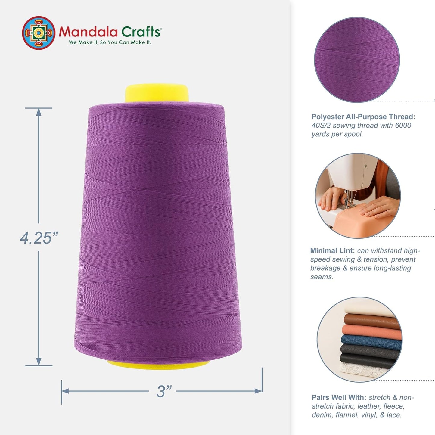 Mandala Crafts 4 Pack of Serger Threads Cones Spools - 40S/2 24000 Yards Polyester Mulberry Threads for Sergers Machine and Overlock Quilting Sewing Machine