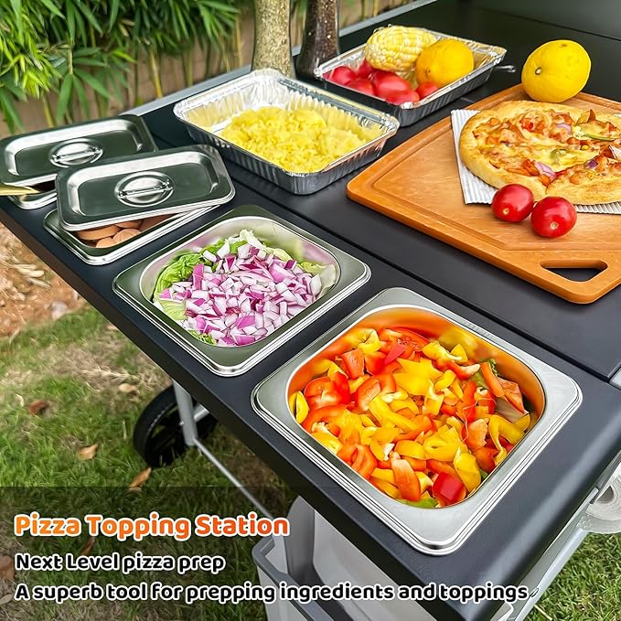Pizza Oven Table Grill Cart with Pizza Topping Station Movable Food and Prep Workcart Outdoor Grill Table Stand for Ninja Woodfire Blackstone Griddle Cuisinart etc Grill, Barbecue Tool Set
