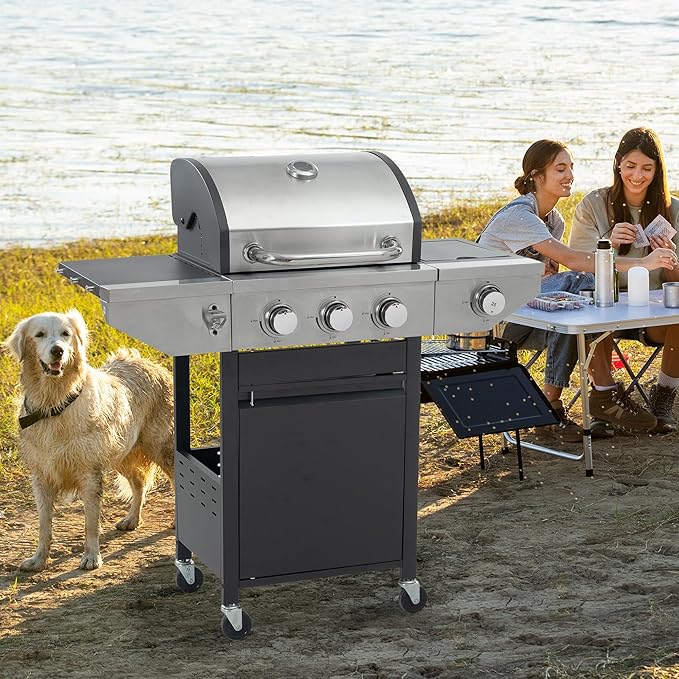Zateety 3 Burner Propane Grill - 40,500 BTU Gas Grill with Side Burner, Stainless Steel with Iron Cast Grates for Outdoor Cooking, Patio, Camping BBQ, Garden Barbecue Grill, Black and Silver