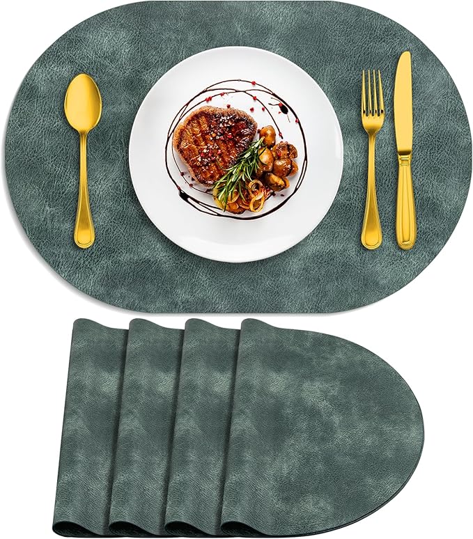 ADRIMER Placemats, Heat Resistant Oval Placemats Set of 4 Washable 12 x 17 Inch, Waterproof Table Mats, Wipeable Pu Place Mats for Kitchen, Dining Room, Blue & Green