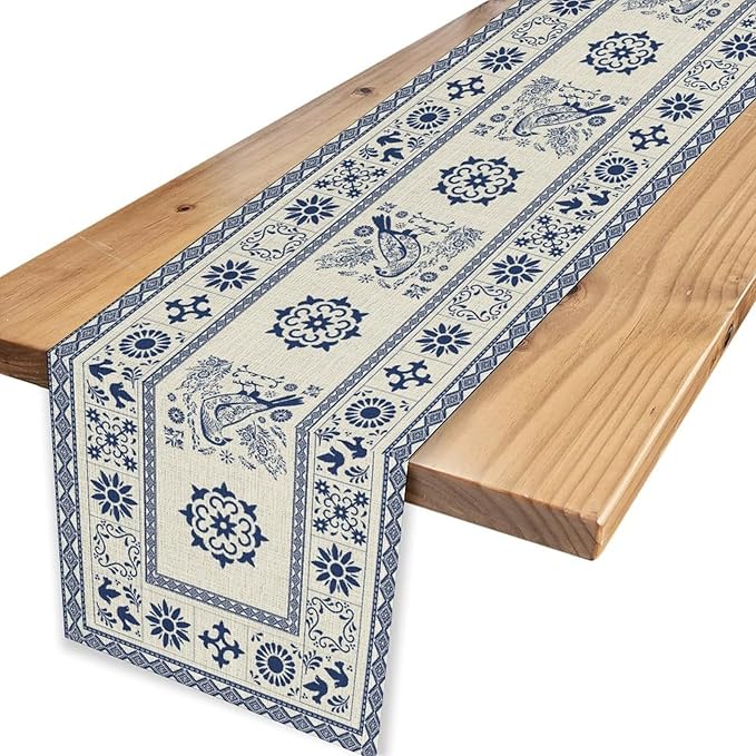 Mexican Table Runner, Blue Floral Birds Mexico Talavera Tiles Ceramic Dia De Los Muertos Coffee Table Center Decor for Family Kitchen and Dining Farmhouse Indoor Outdoor Table Decorations, 13"x36"