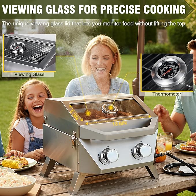 BESTFIRE Tabletop Gas Grill with 2 Burners & Viewing Glass Lid, 20,000 BTU Stainless Steel Portable BBQ Grill with Thermometer, Push-Button Ignition for Outdoor Patio, Camping, RV, Tailgating