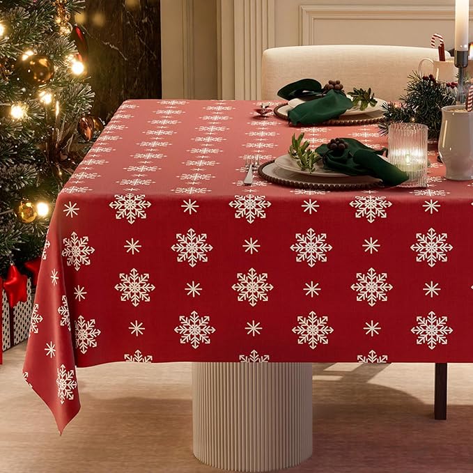 Christmas Red Tablecloth, Rectangle Table Cloh with Snowflake Decorations, Spillproof Cotton Linen Fabric Table Cover for Holiday, Winter, Party - 54''x72''