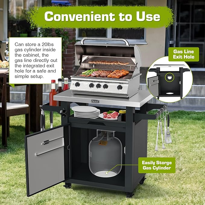 Nuuk Grill Table with Storage Cabinet, Outdoor Bar Cart Pizza Oven Table with Wheels, Stainless Steel Top Kitchen Island 20" x 30" Rolling Prep Station for Indoor, BBQ, Deck, Backyard