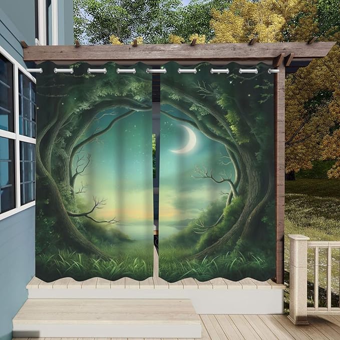 Forest Theme Waterproof Indoor/Outdoor Curtains,Trees Moon Lake Pattern,Light Filtering Curtains Outside Curtains for Porch, Gazebo, Pergola, Backyard,2 Panel,42 x 63 inch,Green
