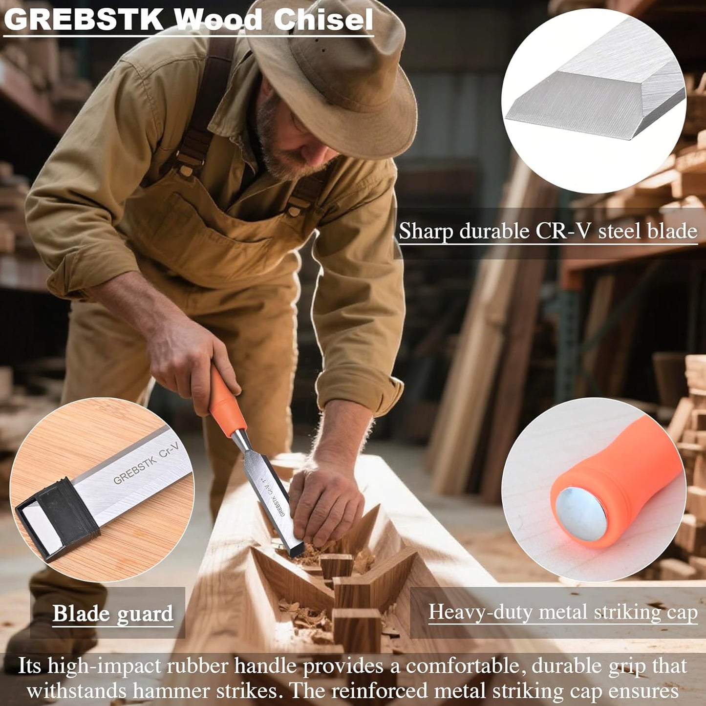 GREBSTK 4 Pcs Wood Chisel Set, CRV Steel Bevel Sharp Edge Bench Chisels with Metal Striking Cap, for Woodworking and DIY Projects, 8"x(1/4", 1/2", 3/4", 1")