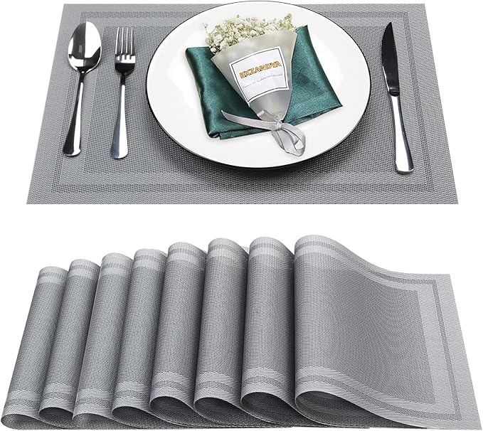 Placemats Set of 8,Washable,Heat and Stain Resistant Indoor/Outdoor Place mats,Vinyl Woven Non Slip Table Mats for Restaurant Table Protection,PVC Placemats(Gray,8PCS)