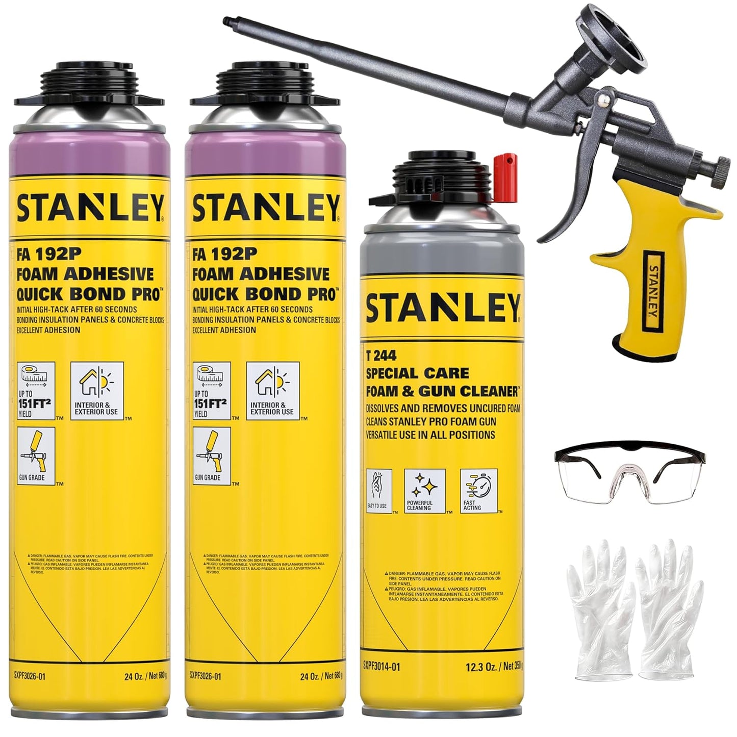 Stanley Quick Bond Adhesive Foam - 2x24oz, Reliable Bond Adhesive for Various Materials, Strong bonding, No Mixing, Gun Use, Including Gun, Cleaner | 2 Pack