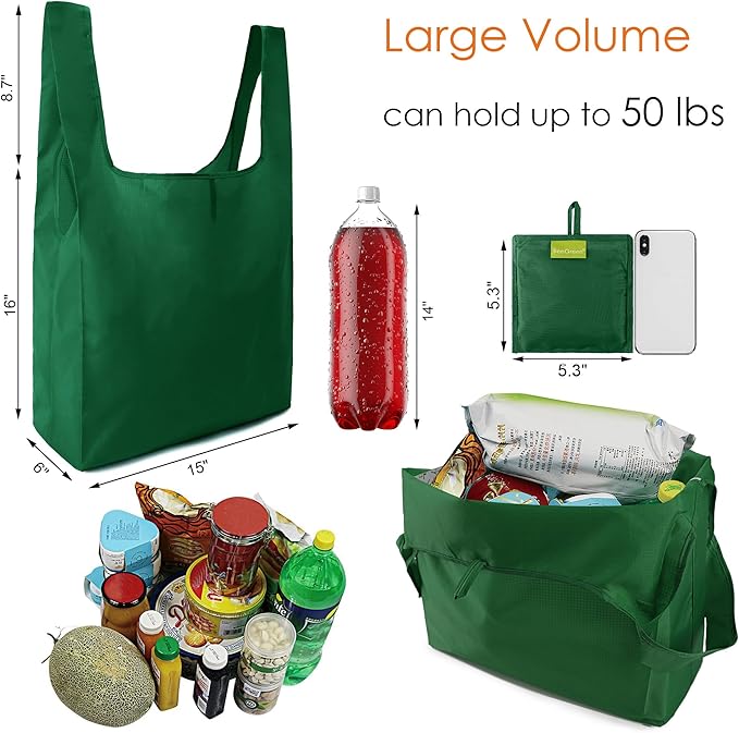 BeeGreen Christmas Green Reusable Grocery Bags Dark Green Reusable Kitchen Bags Bulk Foldable-Machine Washable with Zipper Storage Pouch 50 Packs