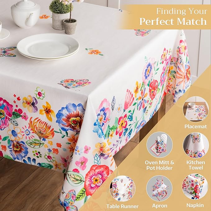 Maison d' Hermine Table Cloth Square Table 100% Cotton 60 x 60 Inches Tablecloth Reusable for Dining Room, Farmhouse, Home, Party, Festive & Wedding Spring Summer - Happy Florals - High Summer