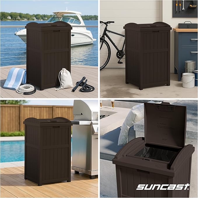 Suncast 33 Gallon Durable Plastic Hideaway Outdoor Garbage Can with Secure Lid and Wicker Design for Home Backyards, Decks, or Patios, Java Brown