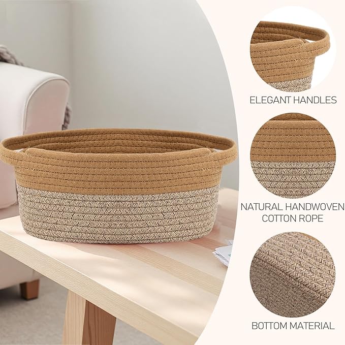 Woven Basket,Small Rope Storage Bin with Handles & Ribbon Bag, Organizer for Shelves Closets,Gift Basket Empty for Birthday,Books,Dog Toys, Jute&Brown