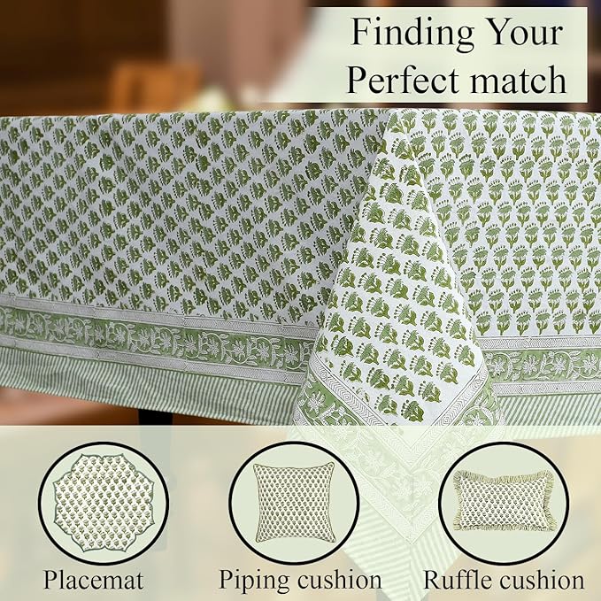 CPC Tablecloth 100% Cotton 70x108 Inch Indian Block Print Rectangle Table Cover, Green Table Cloth for Weddings, Spring/Summer, Barbeque - Emerald Green