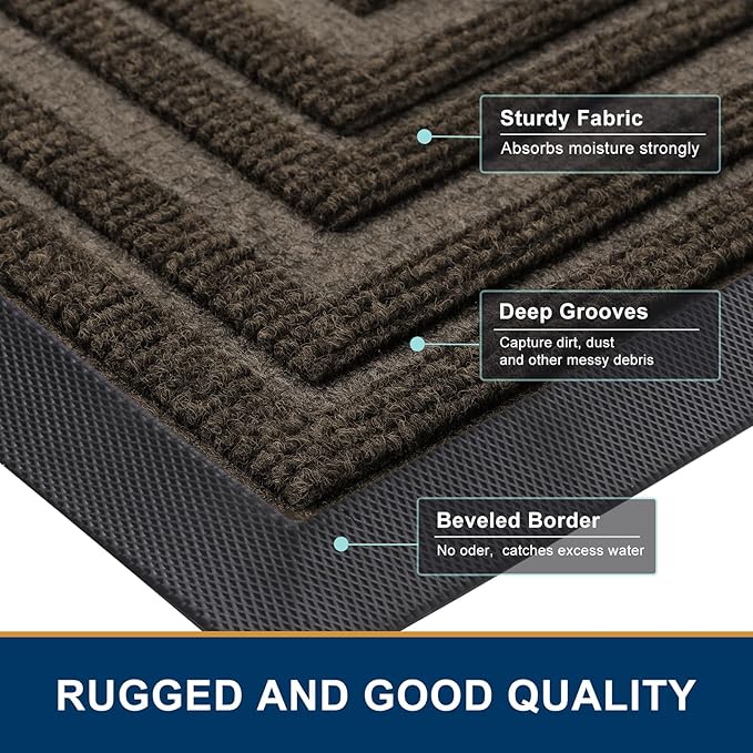 Buganda Front Door Mat Indoor Outdoor Entrance, Non-Slip Natural Rubber Doormats, Easy Clean, Low Profile, Dirt Trapper Entryway Floor Mats for Outside, Garages and Patios, 29.5x17, Brown