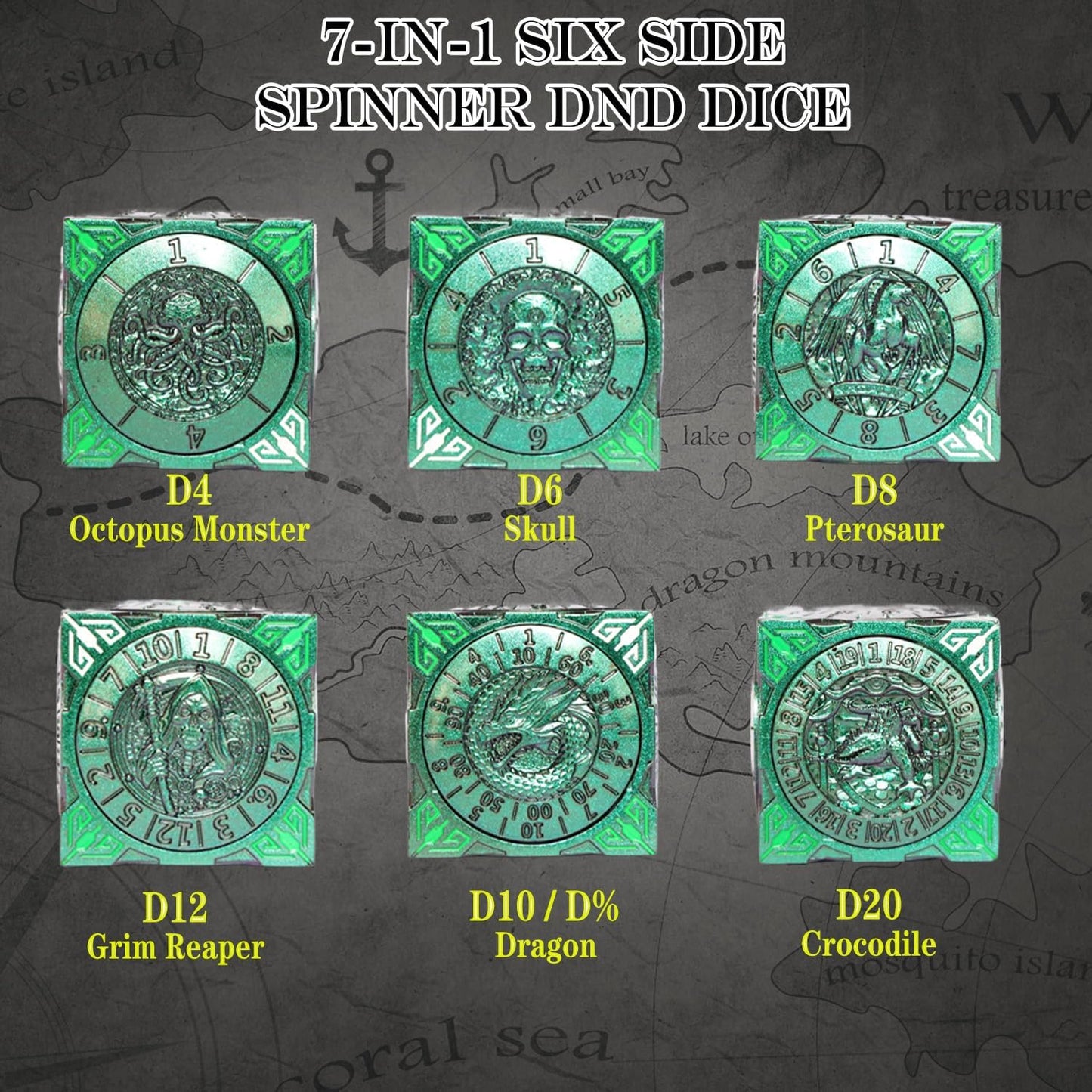 6 Sided Spinner DND Dice - Metal D4 D6 D8 D10 D10% D12 D20 All in One D&D Set - Cool Role Playing Gifts for Dungeons and Dragons TRPG MTG Games Lover Players Purple