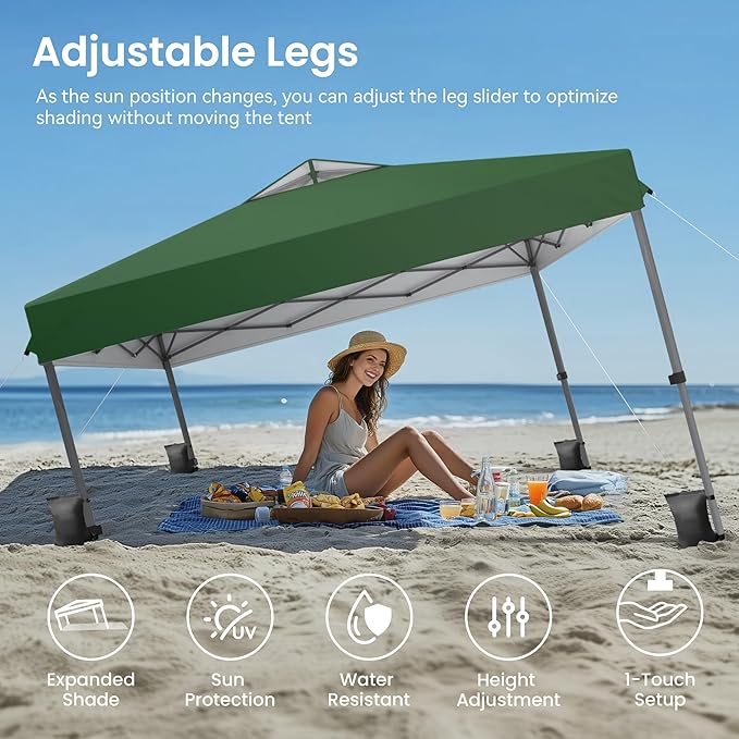 PHI VILLA 10x10ft 1-Person Setup Pop Up Canopy Tent Instant Portable Shelter w/ 1-Button Push, Case, 4 Weight Bags - Green