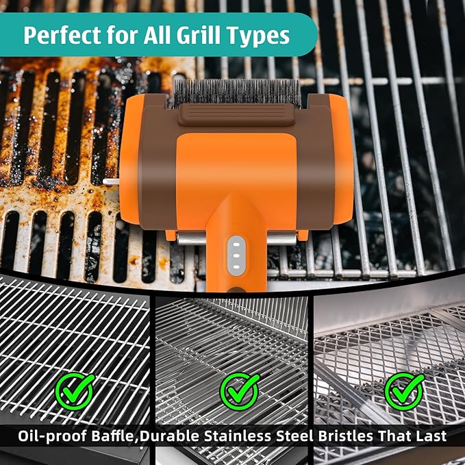 Electric Rechargeable Grill Brush,Grill Cleaner for Outdoor Grill with 800 RPM Motor - Bristle-Free Stainless Steel Grill Cleaner with LED Light for BBQ, Heavy Duty Grill Cleaning Tool (Champagne)