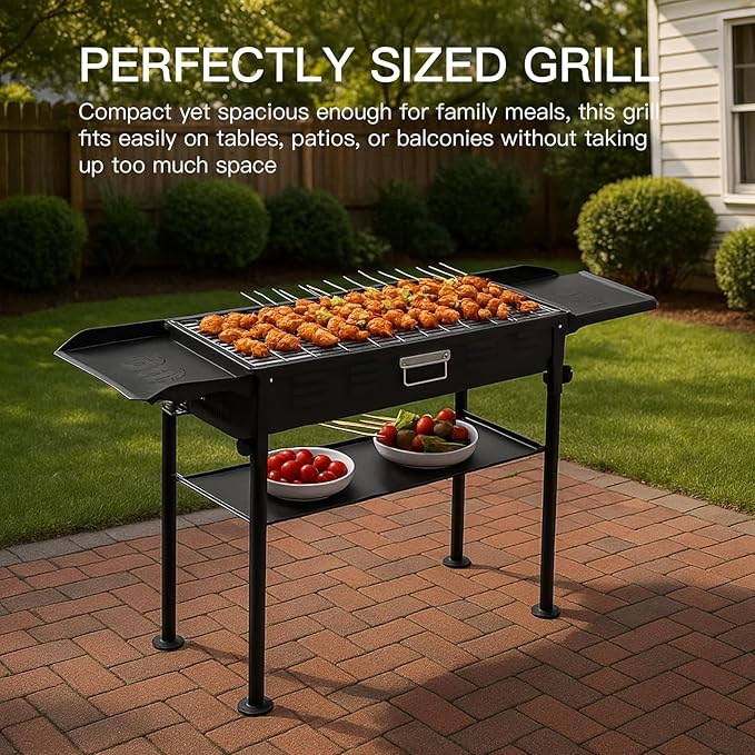 comzenz 35’’ Portable Charcoal Grill Folding BBQ Grill for Outdoor Grilling Cooking Camping Hiking Picnics Tailgating Backpacking Party, With Storage Bag & Non-Stick Frying Pan, Matte Black