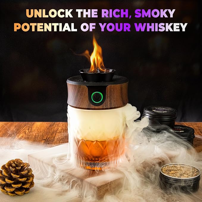 Electric Whiskey Smoker Kit, Luxurious Wooden Box, Heartfelt Christmas Gifts, with 4 Wood Chips, Torch, Ice Molds, Recipe, Stones, Old Fashioned Bourbon Cocktails Smoker, Gifts for Men (No Butane)