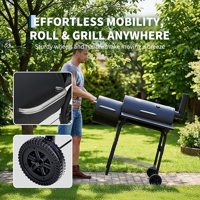 Garvee Charcoal Grills with Offset Smoker, Outdoor BBQ Grill with Handle and Wheels, Barrel Barbecure Smoker Grill Combo for Camping Picnic Patio Backyard Party
