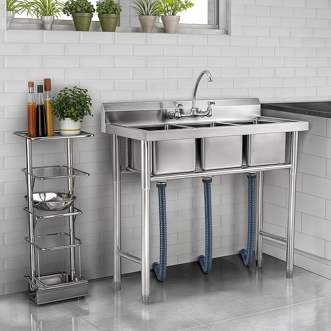 WILPREP NSF Stainless Steel 3 Compartment Commercial Sink 11x10x10 Inch Basins, Kitche Station Utility Sink for Restaurant Bar Home Laundry Room Garage