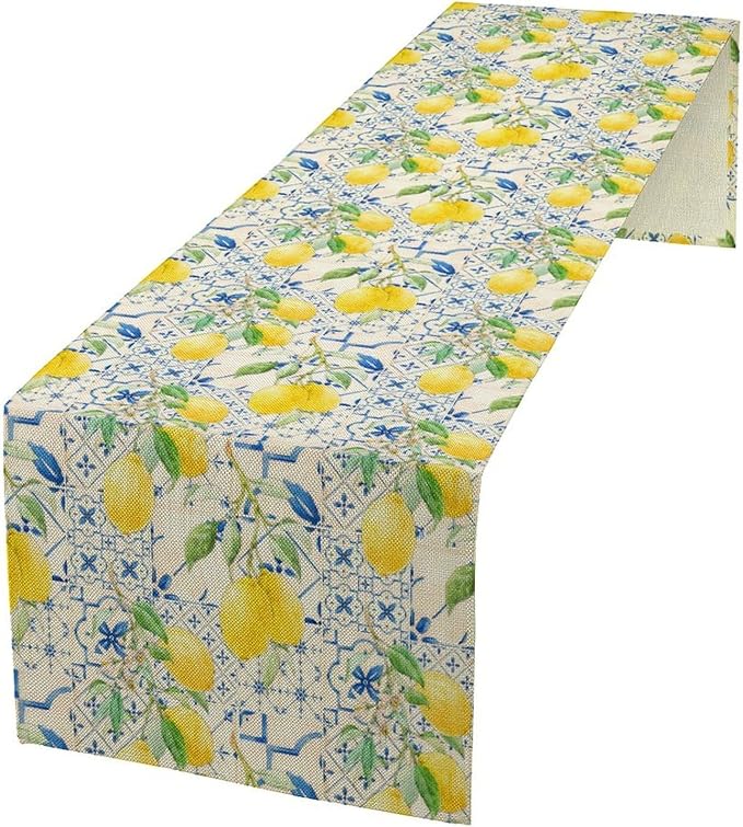Lemon Table Runner, Summer Fruit Vintage Morocco Blue Tiles Table Runners for Farmhouse Coffee Home Kitchen Dining Party Patio Outdoor 13x108in