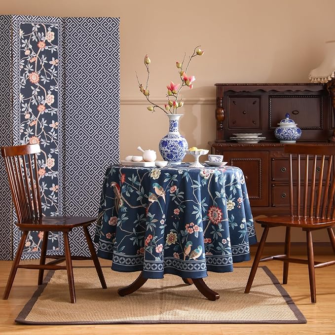 patdrea Designer Vintage Dark Blue Linen Round Tablecloth,Navy French Floral and Birds Pattern Table Cloth,Decoration Table Cover for Kitchen,Dining,Tea Party,Home,Christmas,Diameter 55"