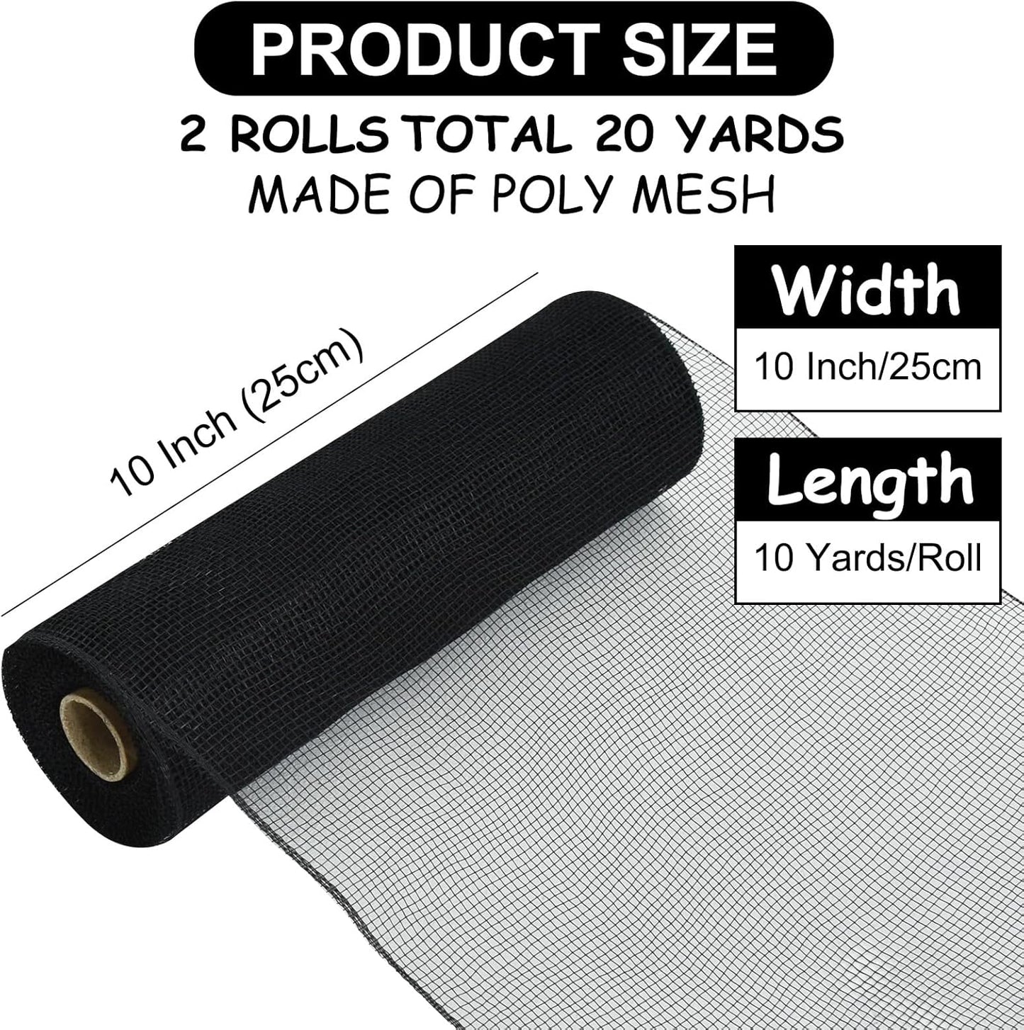 TONIFUL 2 Rolls 10 Inch Black Decorative Mesh Ribbbon Rolls, Fabric Mesh for Mesh Wreath Supplies, Front Door Wreath Crafts Tree Decor Christmas NewYears Halloween Decoration (10 yds/roll)