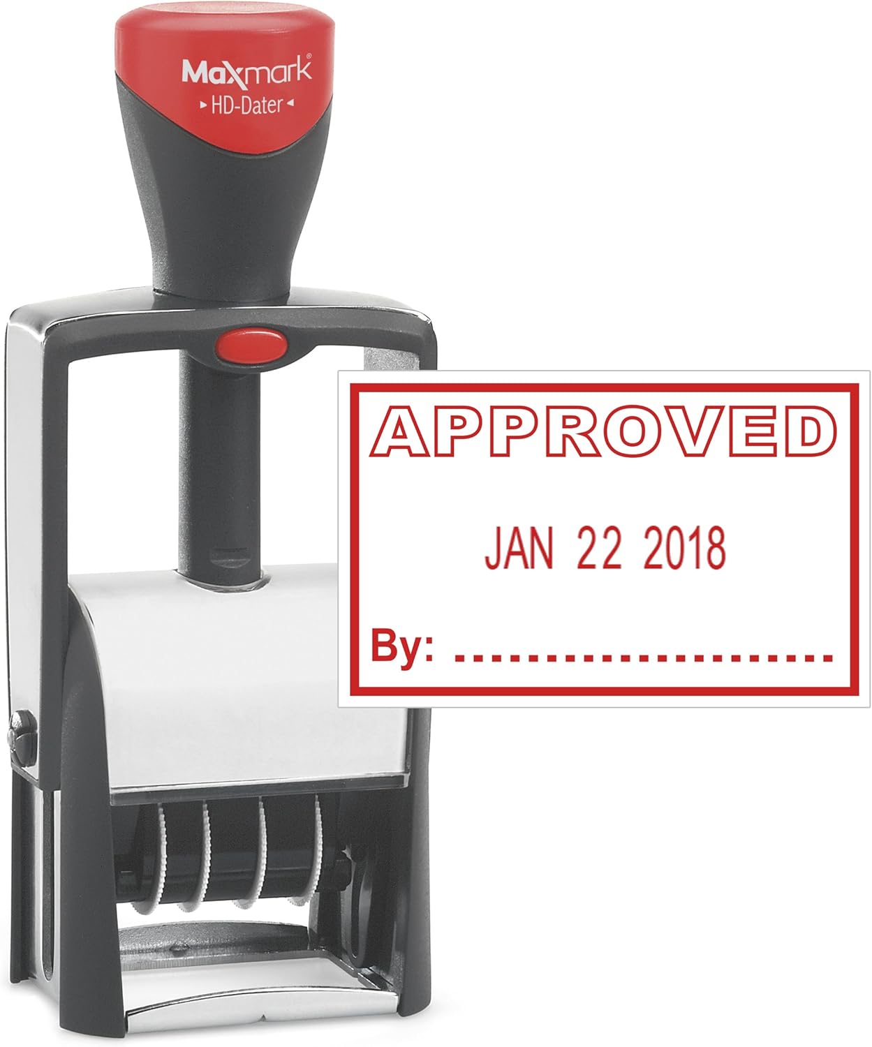 MaxMark Heavy Duty Self Inking Date Stamp with Phrase Approved - Red Ink