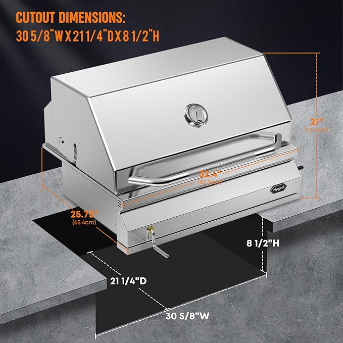 Hygrill Charcoal Grill Head for Outdoor Kitchen, 32-inch Stainless Steel Built-In Grill with Insulated Hood, Temperature Gauge and Fabric Cover