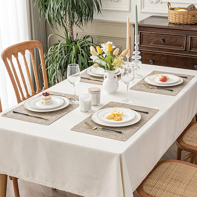 Romanstile Vinyl Placemats Set of 6-12 X 18 Inch - Heat Resistant Place Mats 100% Waterproof Oilproof Wipeable Reversible Faux Leather Table Mats for Kitchen/Dining/Party/Outdoor, Khaki