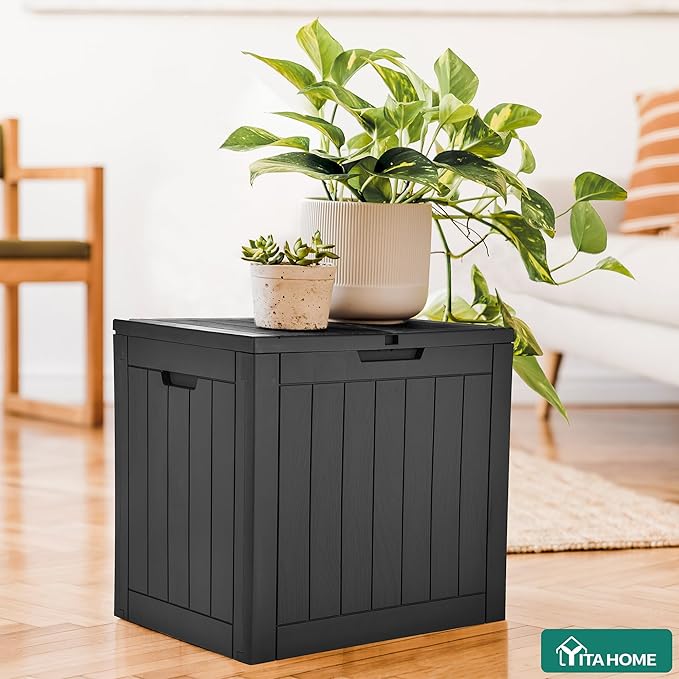 YITAHOME 31 Gallon Outdoor Storage Deck Box, Waterproof Resin Package Delivery and Storage Box with Lockable Lid for Patio Furniture Cushions, Pool Accessories, Garden Tools, Black