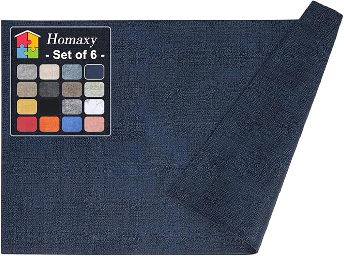 Homaxy Faux Leather Heat Resistant Placemats for Dining Table Set of 6, Waterproof Wipeable Washable PU Table Mats, Easy to Clean Anti-Slip Place Mats, 11.8" x 17", Navy Blue