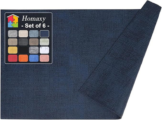 Homaxy Faux Leather Heat Resistant Placemats for Dining Table Set of 6, Waterproof Wipeable Washable PU Table Mats, Easy to Clean Anti-Slip Place Mats, 11.8" x 17", Navy Blue
