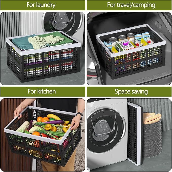 4 Pack Collapsible Plastic Storage Crates, Utility Folding Milk Crates, Folding Basket, 66 L