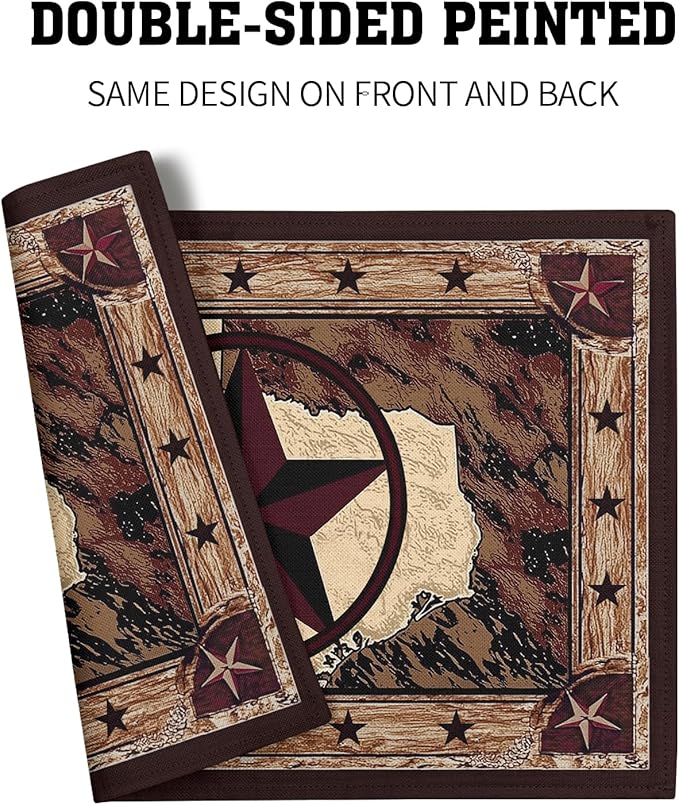 Giwawa Texas Stars Placemats Set of 4, Rustic Western Style Brown Wood Linen Table Mat 12x18 Inch, Vintage Cabin Primitive Decorative Washable Place Mats for Kitchen Dining Desktop Tabletop
