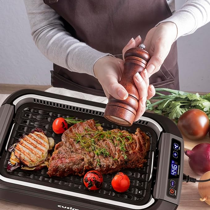 CUSIMAX Electric Indoor Grill, 1500W Smokeless Korean BBQ Grill with Smart LED Display & Tempered Glass Lid, Removable Non-stick Plate, Turbo Smoke Extractor, Black