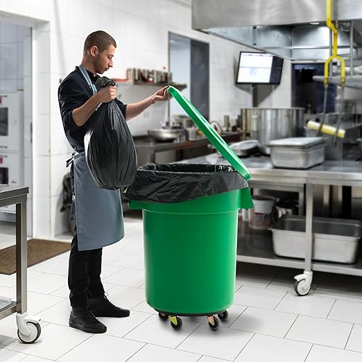 PRO&Family Commercial Round Trash Can with Lid and Dolly Rolling Waste Container, Ingredient Bin, Heavy-Duty Plastic, Anti-Static, Kitchen, Office, Outdoor Use (Green, 55 Gallon)