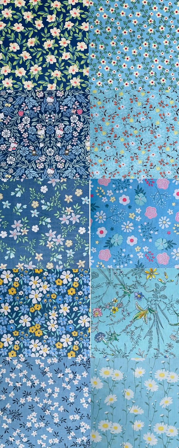 HANPATQUI 50PCS 12 x 12 inch Blue Printed 100% Cotton Fat Quarters Fabric for Sewing and Quilting Bundles Precut Fabric Square for DIY Craft Patchwork