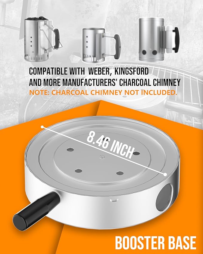 Charcoal Chimney Booster-Charcoal Starter Base & Coal Burner Blower, 10-Minute Rapid Ignition, Outdoor BBQ Accessories for Kingsford, Weber and Other Grill Chimney Charcoal Starter-Ideal Grilling Gift